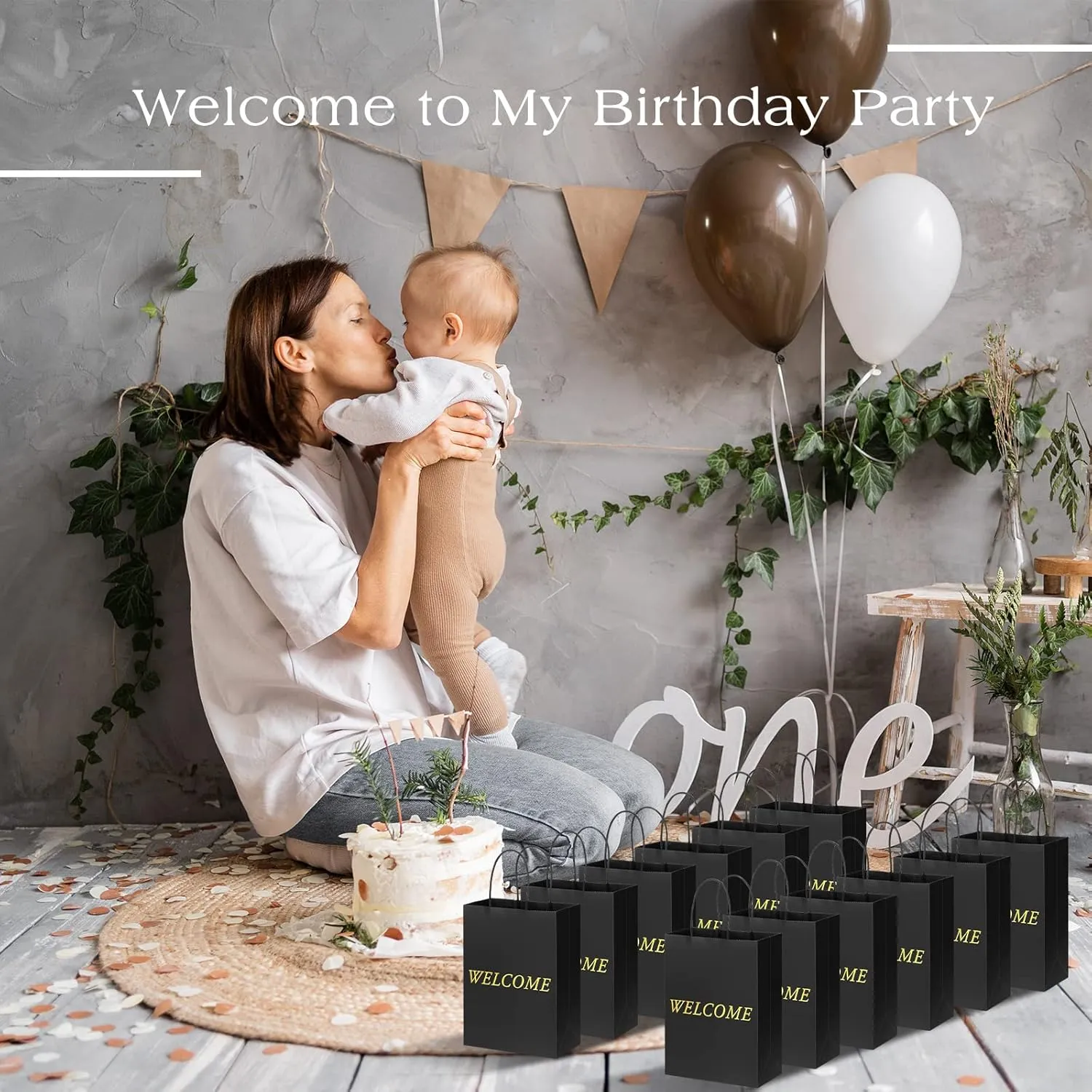 Jexine 100 Pcs Welcome Gift Bags 5.9 x 3.1 x 8.1 inches Kraft Paper Welcome Bags for Wedding, Hotel Guests, Church Visitors, Retail Shopping (Black)