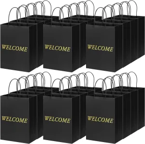 Jexine 100 Pcs Welcome Gift Bags 5.9 x 3.1 x 8.1 inches Kraft Paper Welcome Bags for Wedding, Hotel Guests, Church Visitors, Retail Shopping (Black)