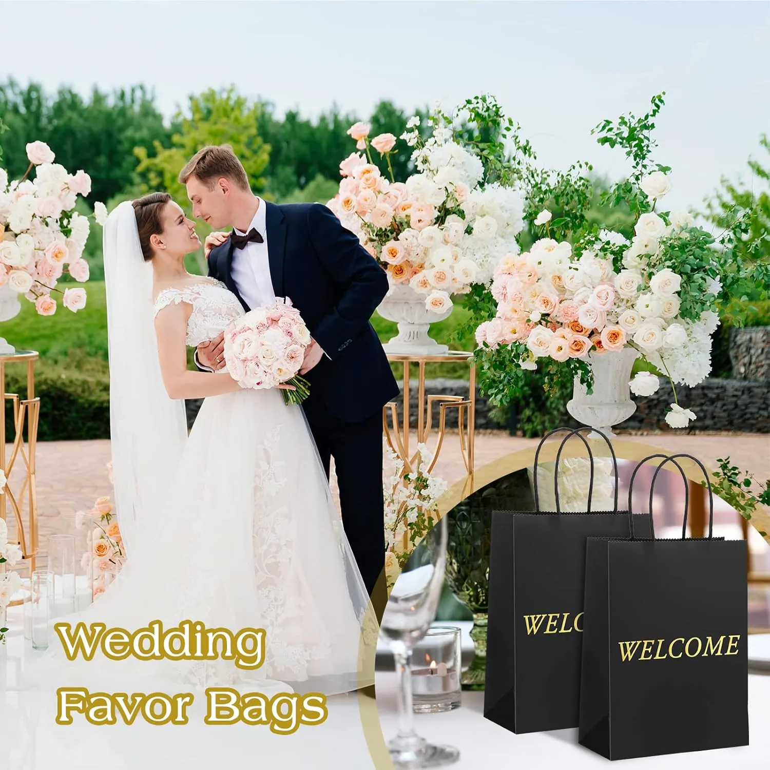 Jexine 100 Pcs Welcome Gift Bags 5.9 x 3.1 x 8.1 inches Kraft Paper Welcome Bags for Wedding, Hotel Guests, Church Visitors, Retail Shopping (Black)