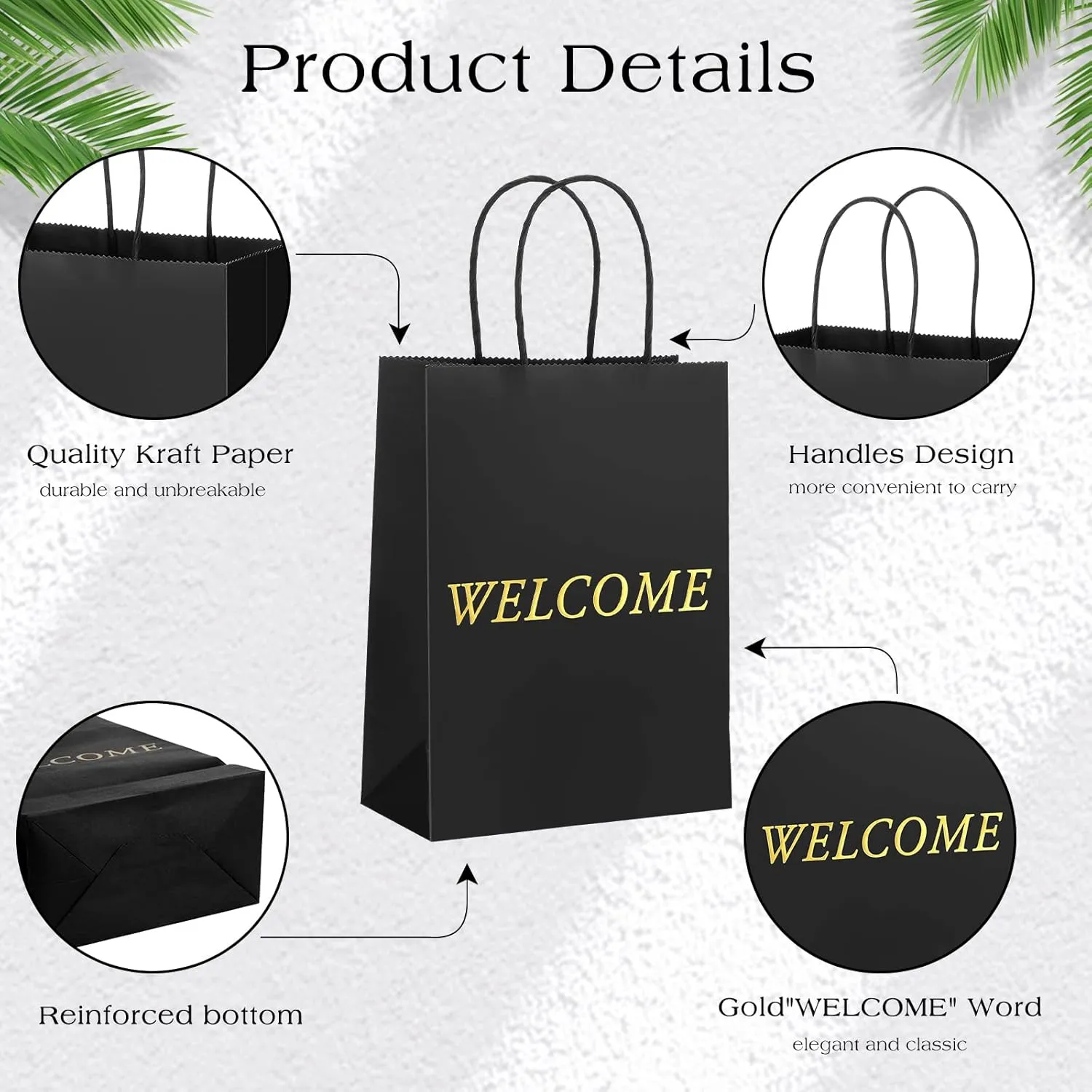 Jexine 100 Pcs Welcome Gift Bags 5.9 x 3.1 x 8.1 inches Kraft Paper Welcome Bags for Wedding, Hotel Guests, Church Visitors, Retail Shopping (Black)
