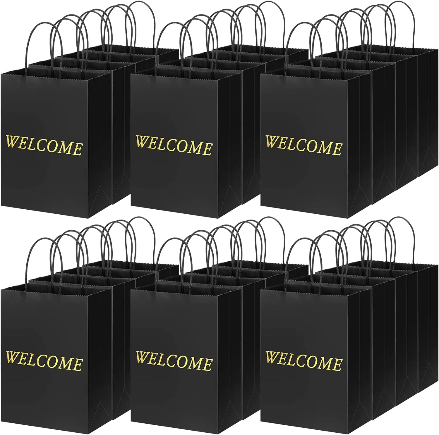 Jexine 100 Pcs Welcome Gift Bags 5.9 x 3.1 x 8.1 inches Kraft Paper Welcome Bags for Wedding, Hotel Guests, Church Visitors, Retail Shopping (Black)