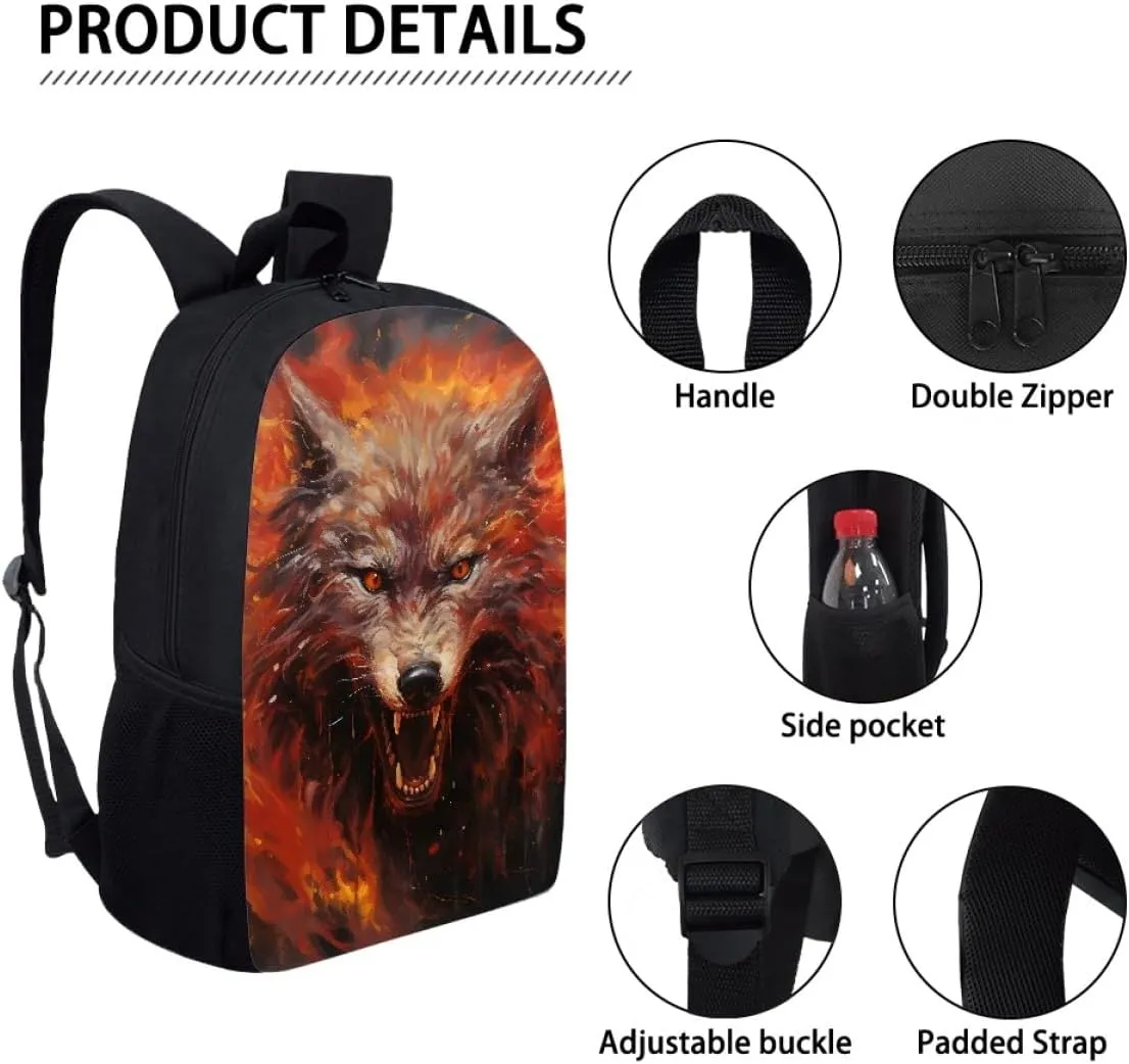 JooMeryer Boys Cool Backpack Wolf Skull Printed School Bags Bookbag Shoulder Bags Daypack for Elementary Middle School,Anger Howling Wolf
