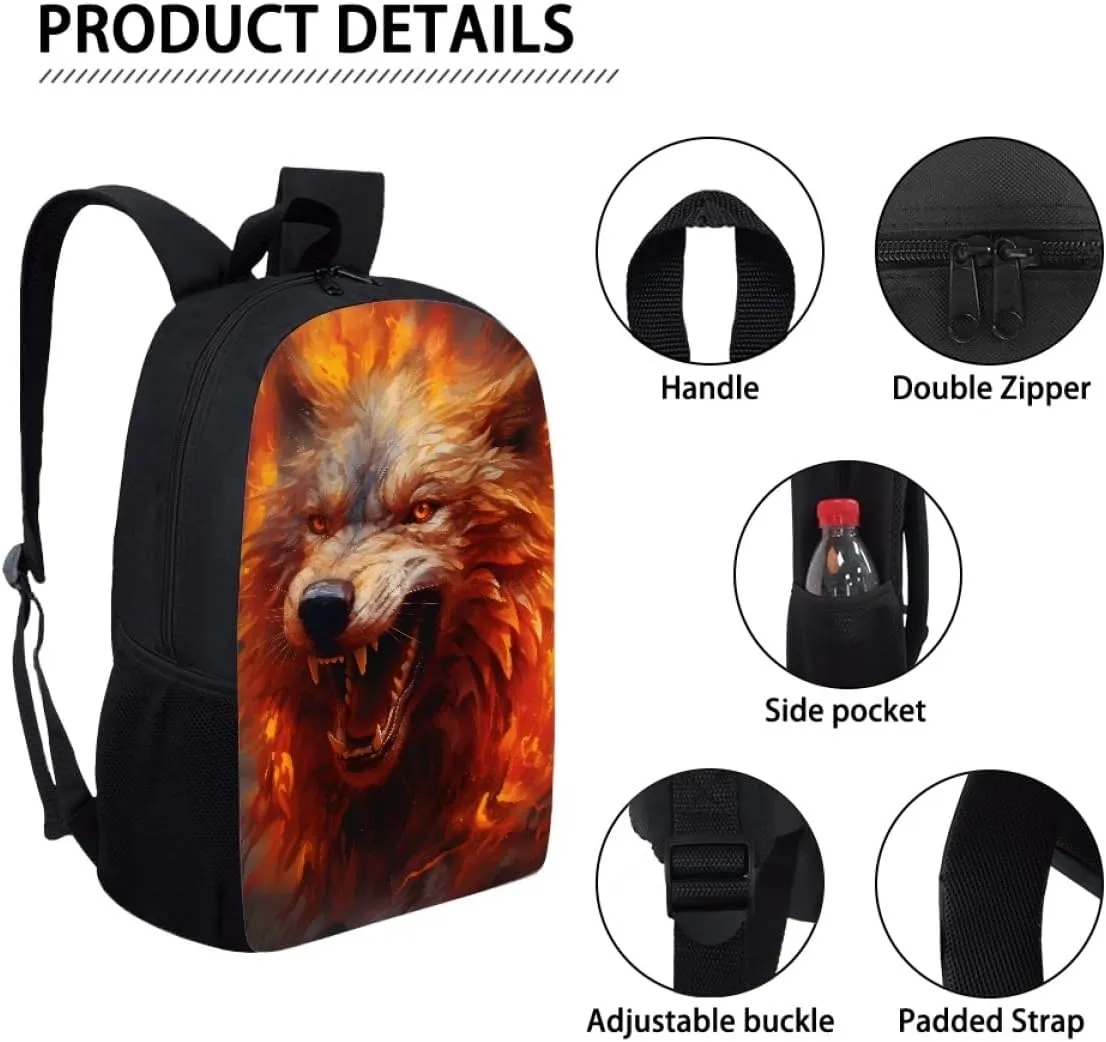 JooMeryer Boys Cool Backpack Wolf Skull Printed School Bags Bookbag Shoulder Bags Daypack for Elementary Middle School,Anger Wolf