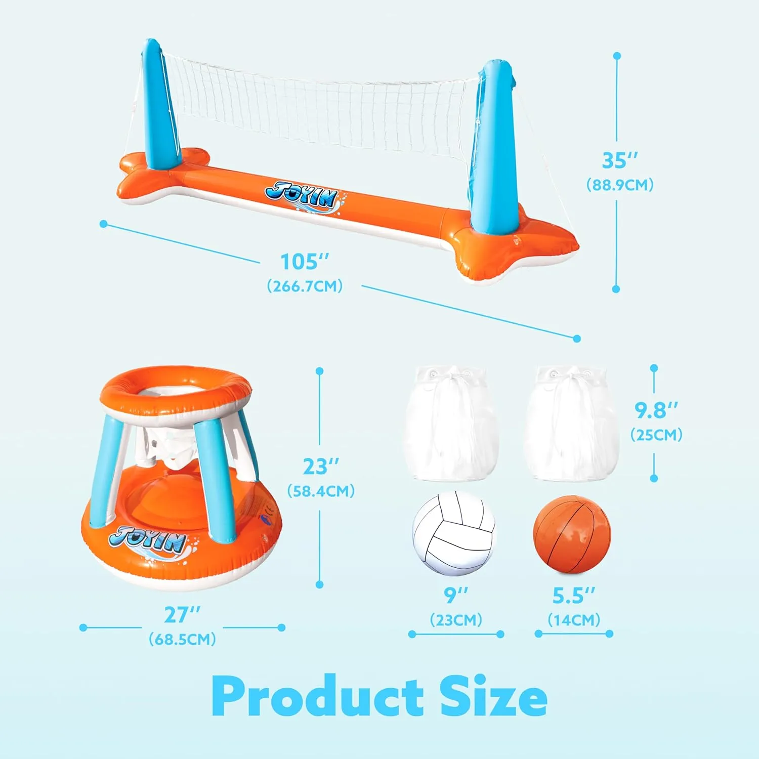 JOYIN Inflatable Pool Float Set Volleyball Net & Basketball Hoops, Floating Swimming Game Toy for Kids and Adults, Summer Floaties, Volleyball Court (105”x28”x38”)|Basketball (27.6”x23”),L-Orange