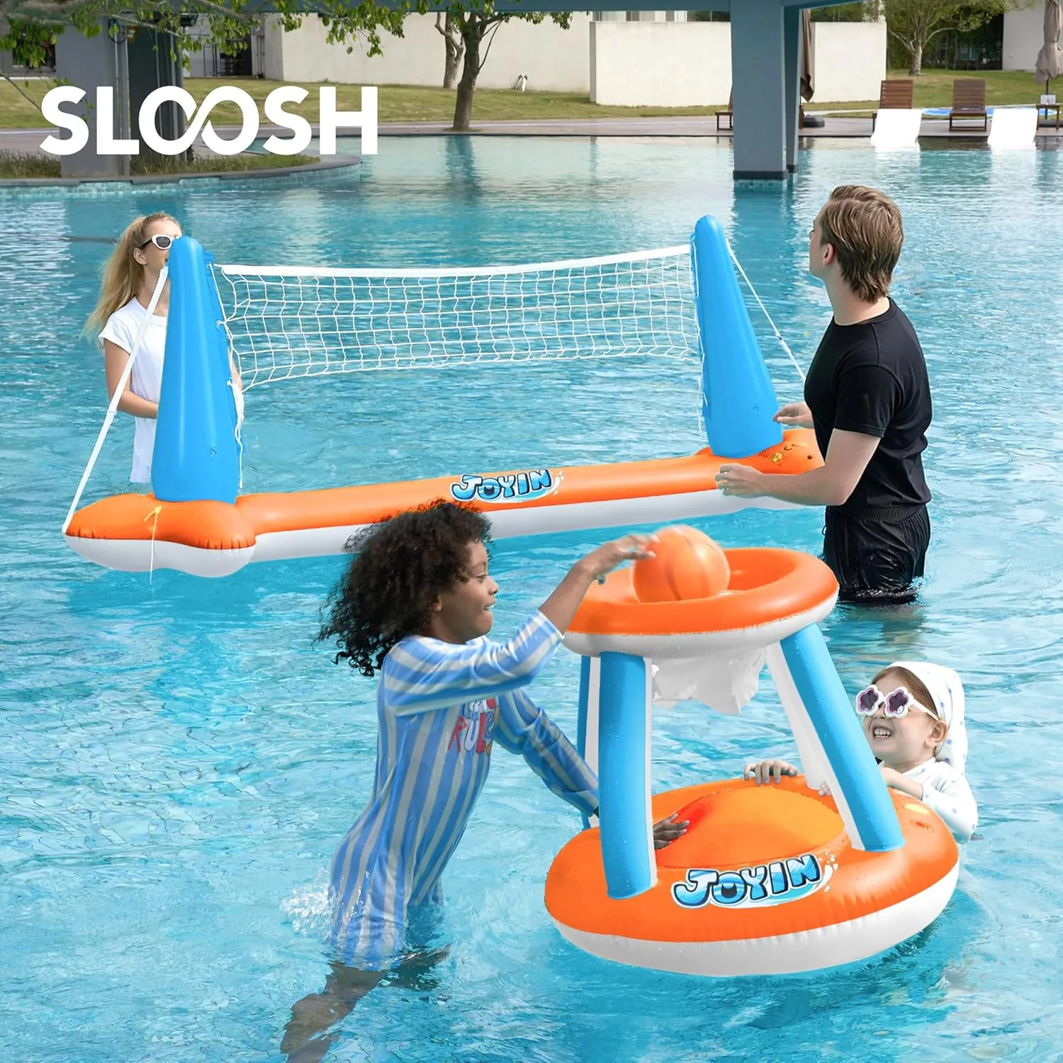 JOYIN Inflatable Pool Float Set Volleyball Net & Basketball Hoops, Floating Swimming Game Toy for Kids and Adults, Summer Floaties, Volleyball Court (105”x28”x38”)|Basketball (27.6”x23”),L-Orange