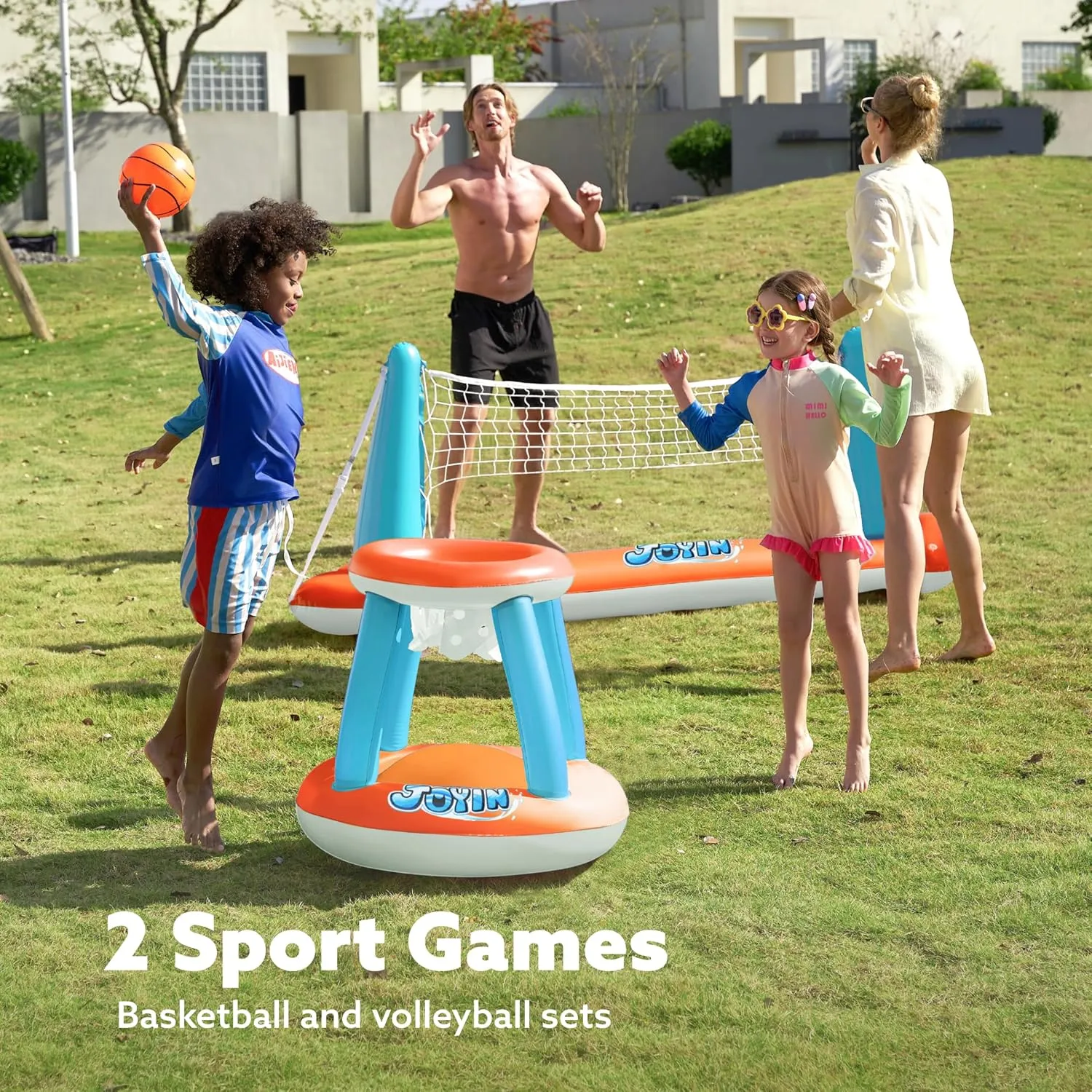JOYIN Inflatable Pool Float Set Volleyball Net & Basketball Hoops, Floating Swimming Game Toy for Kids and Adults, Summer Floaties, Volleyball Court (105”x28”x38”)|Basketball (27.6”x23”),L-Orange