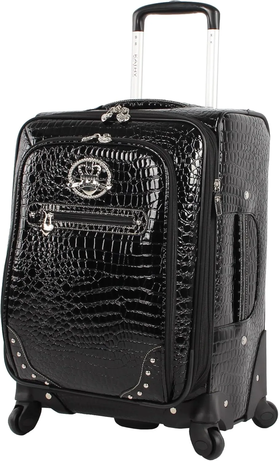 Kathy Van Zeeland Croco PVC Designer Luggage - 4 Piece Softside Expandable Lightweight Spinner Suitcases - Travel Set includes a Dowel and Shopper Bags, 20-Inch Carry On & 28-Inch Suitcase (Black)