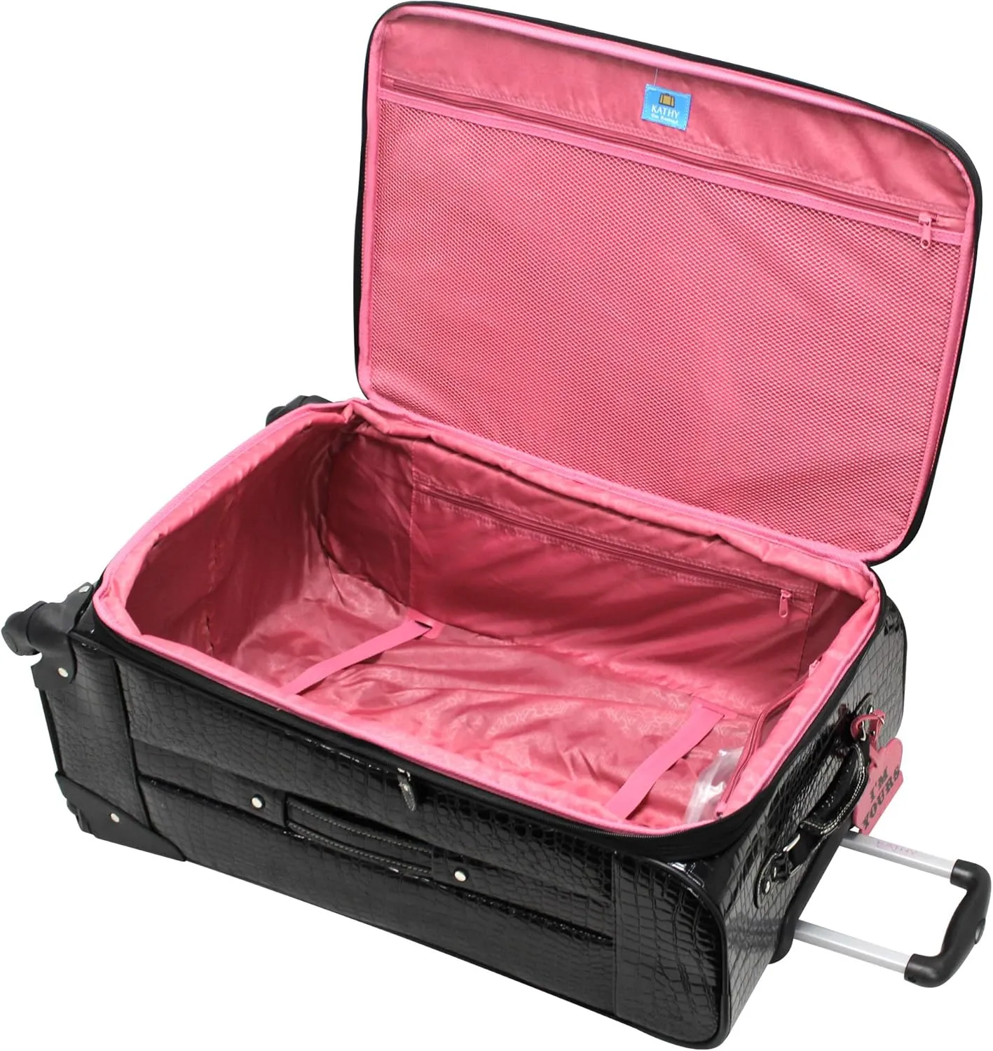 Kathy Van Zeeland Croco PVC Designer Luggage - 4 Piece Softside Expandable Lightweight Spinner Suitcases - Travel Set includes a Dowel and Shopper Bags, 20-Inch Carry On & 28-Inch Suitcase (Black)