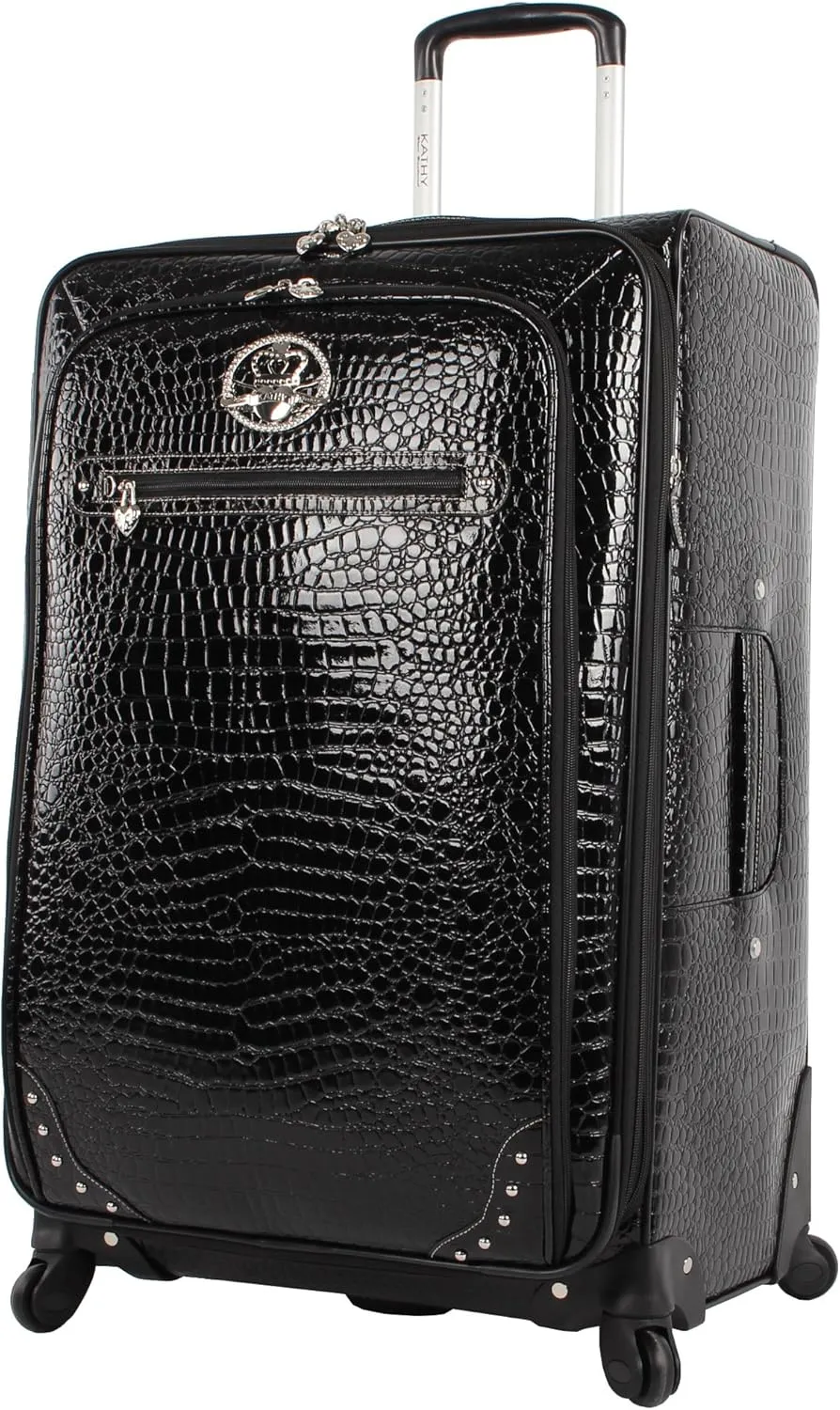 Kathy Van Zeeland Croco PVC Designer Luggage - 4 Piece Softside Expandable Lightweight Spinner Suitcases - Travel Set includes a Dowel and Shopper Bags, 20-Inch Carry On & 28-Inch Suitcase (Black)