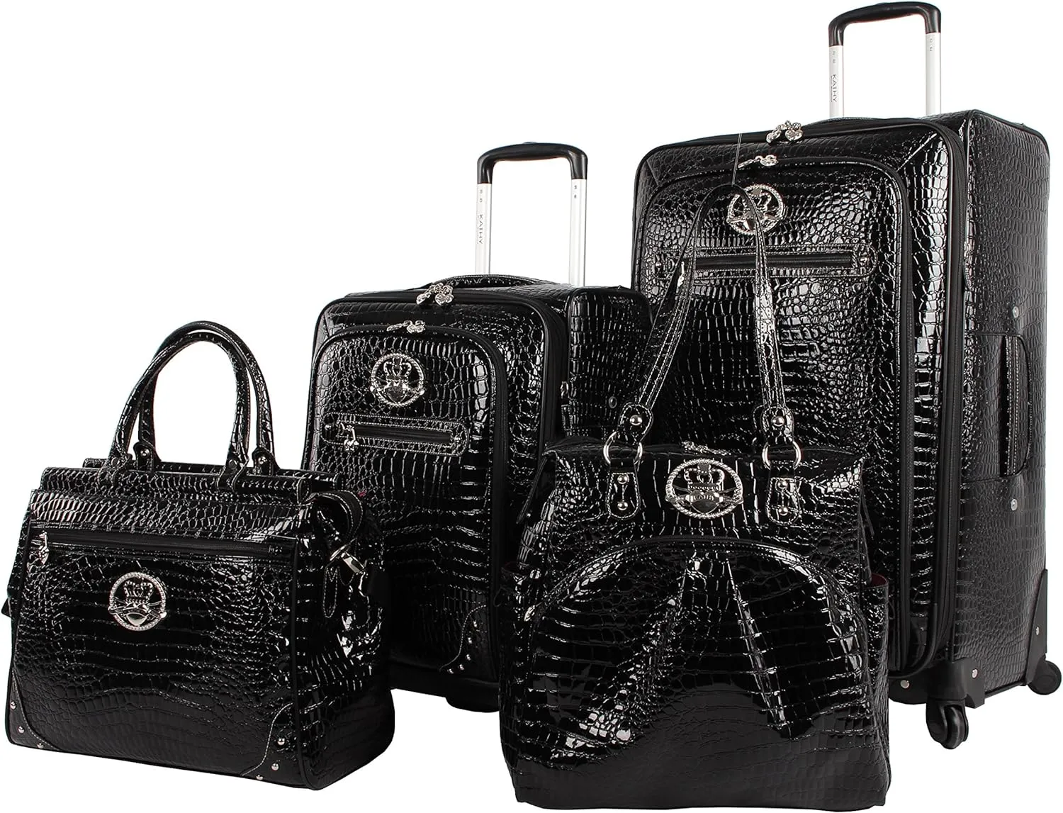 Kathy Van Zeeland Croco PVC Designer Luggage - 4 Piece Softside Expandable Lightweight Spinner Suitcases - Travel Set includes a Dowel and Shopper Bags, 20-Inch Carry On & 28-Inch Suitcase (Black)