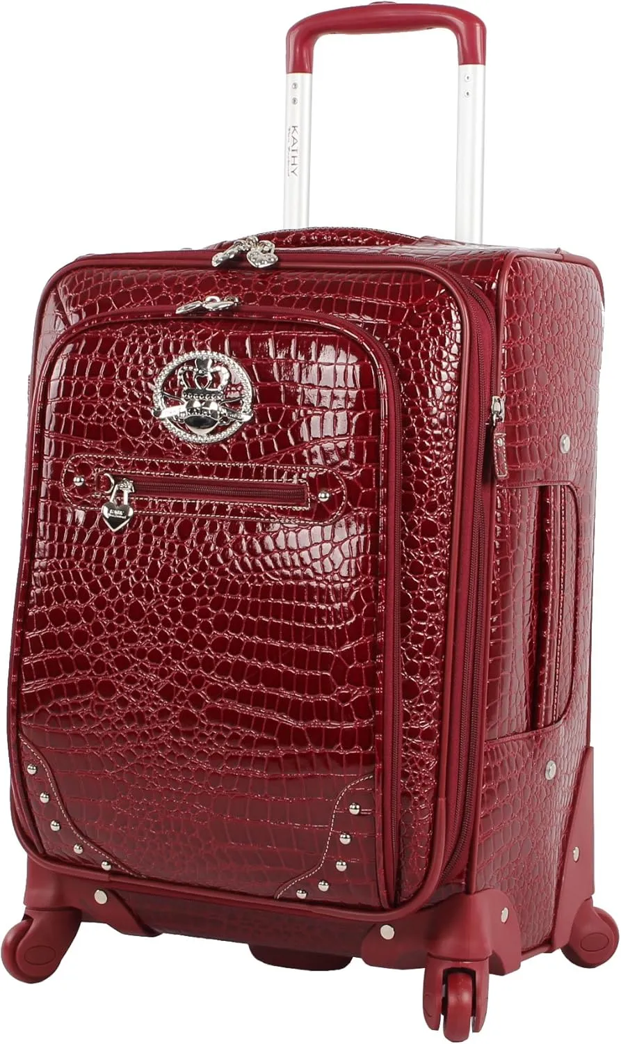 Kathy Van Zeeland Croco PVC Designer Luggage - 4 Piece Softside Expandable Lightweight Spinner Suitcases - Travel Set includes a Dowel and Shopper Bags, 20-Inch Carry On & 28-Inch Suitcase (Burgundy)