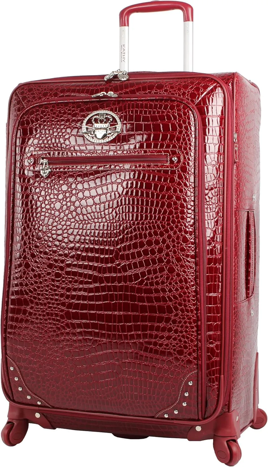 Kathy Van Zeeland Croco PVC Designer Luggage - 4 Piece Softside Expandable Lightweight Spinner Suitcases - Travel Set includes a Dowel and Shopper Bags, 20-Inch Carry On & 28-Inch Suitcase (Burgundy)