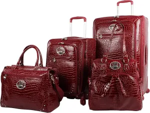 Kathy Van Zeeland Croco PVC Designer Luggage - 4 Piece Softside Expandable Lightweight Spinner Suitcases - Travel Set includes a Dowel and Shopper Bags, 20-Inch Carry On & 28-Inch Suitcase (Burgundy)