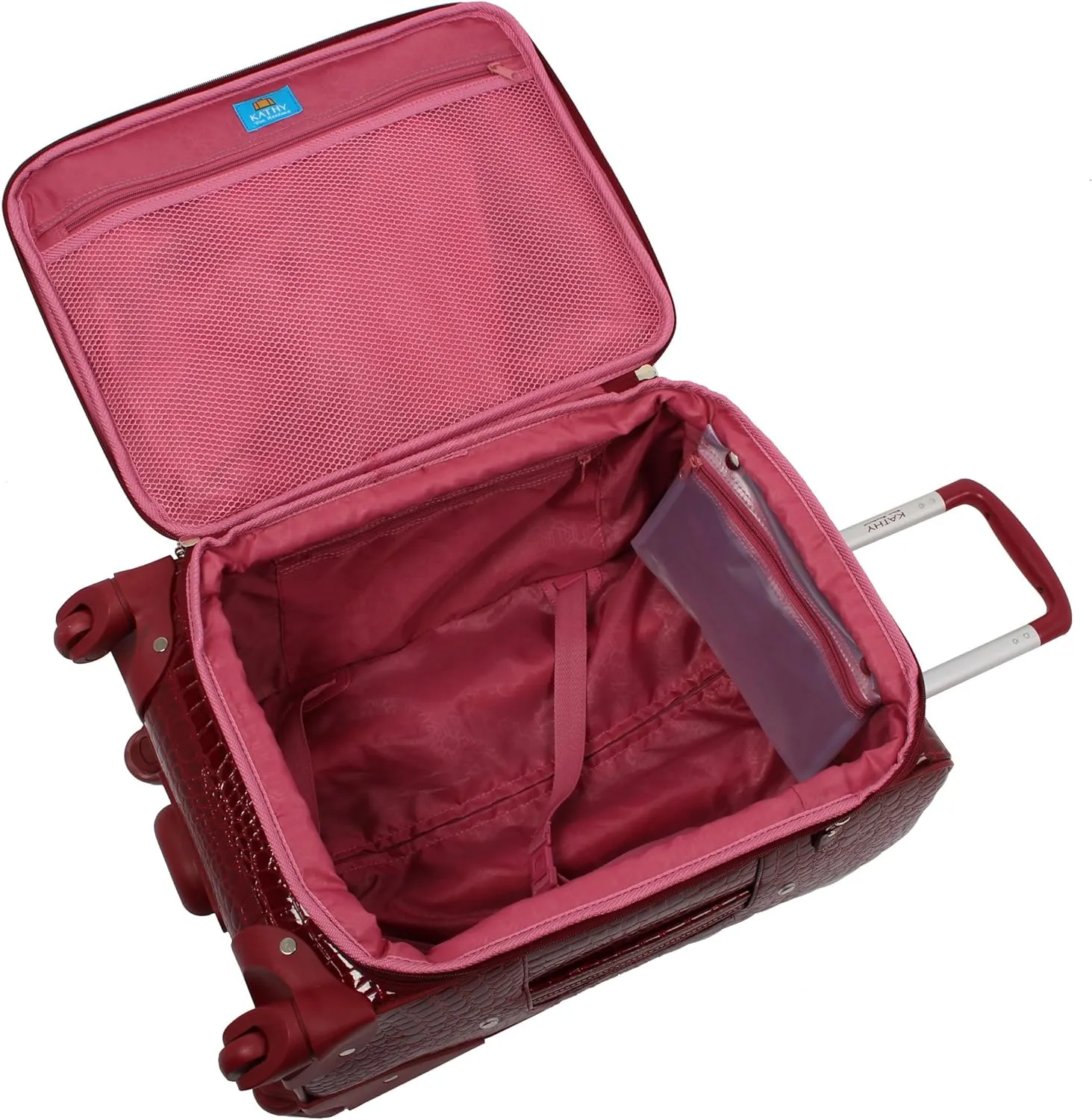 Kathy Van Zeeland Croco PVC Designer Luggage - 4 Piece Softside Expandable Lightweight Spinner Suitcases - Travel Set includes a Dowel and Shopper Bags, 20-Inch Carry On & 28-Inch Suitcase (Burgundy)
