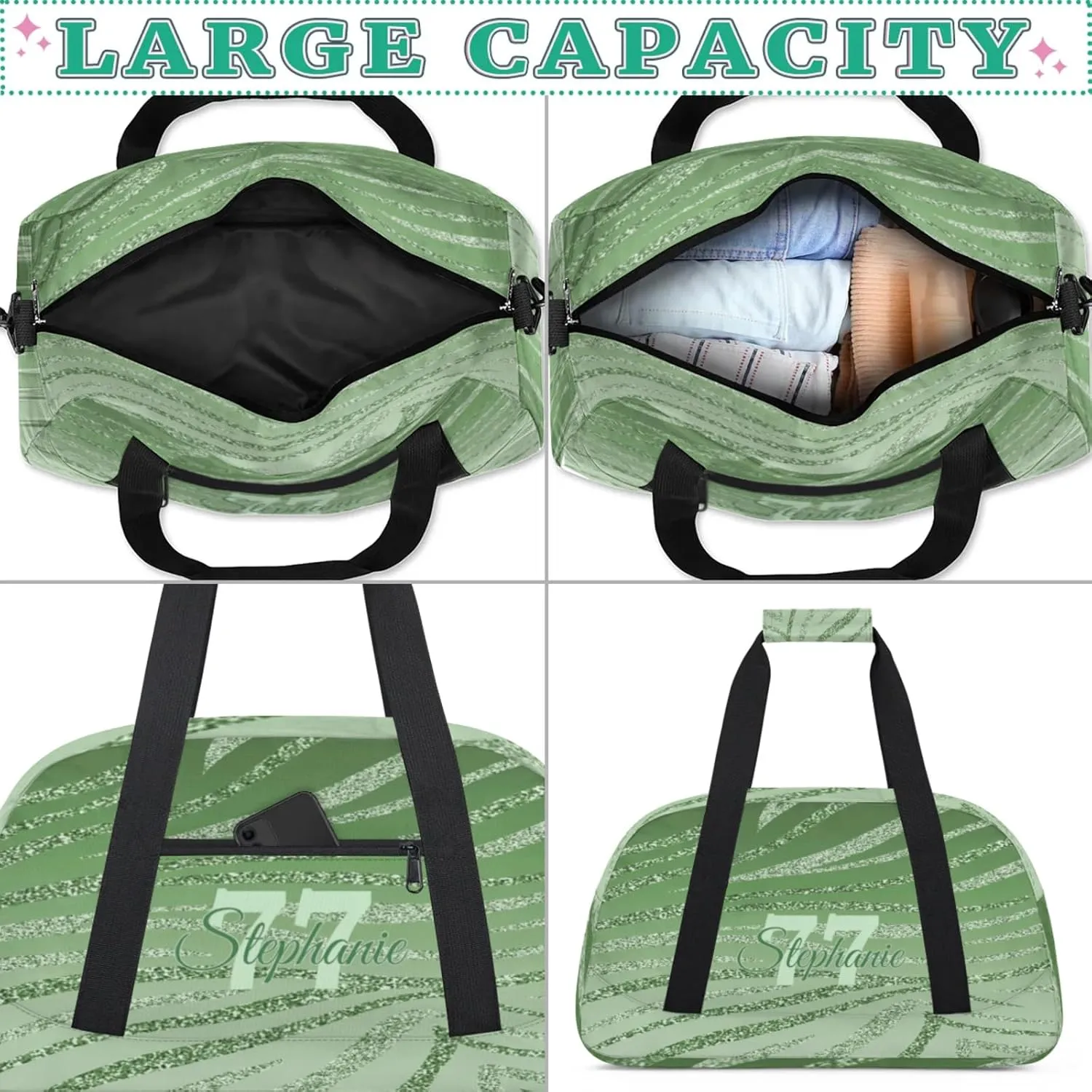 Kids Duffle Bag Personalized Gym Bag Overnight Bags, Ideal for Travel and Sports, Suitable for Men Women for Gym, Dance, Yoga, Durable Waterproof Sport Overnight Handbags Green