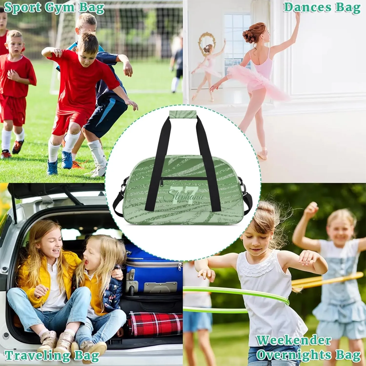 Kids Duffle Bag Personalized Gym Bag Overnight Bags, Ideal for Travel and Sports, Suitable for Men Women for Gym, Dance, Yoga, Durable Waterproof Sport Overnight Handbags Green