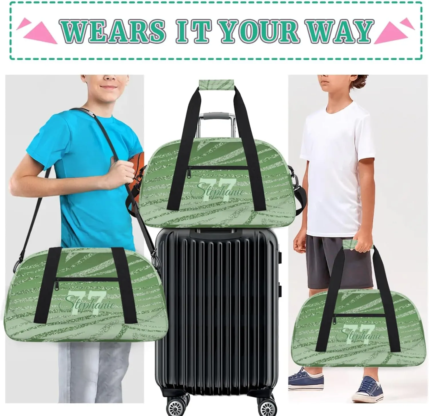 Kids Duffle Bag Personalized Gym Bag Overnight Bags, Ideal for Travel and Sports, Suitable for Men Women for Gym, Dance, Yoga, Durable Waterproof Sport Overnight Handbags Green