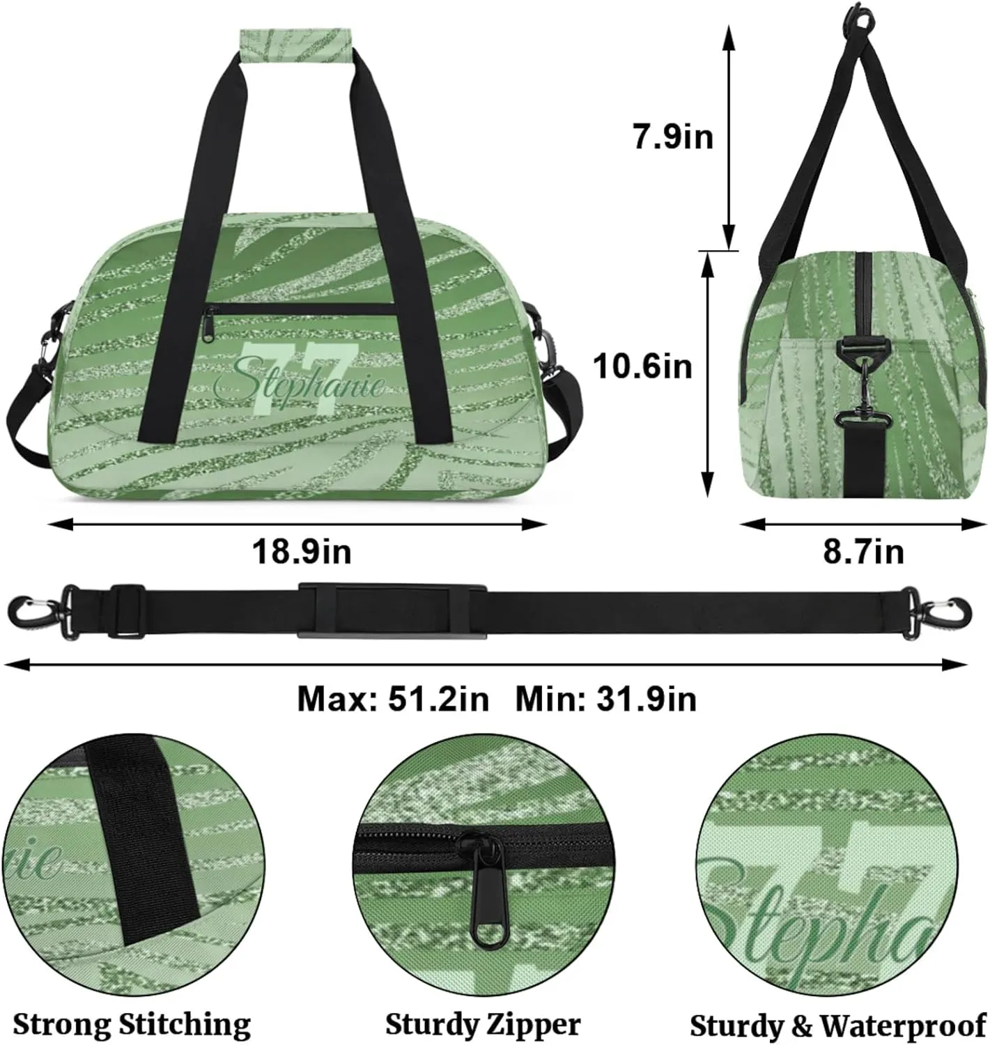 Kids Duffle Bag Personalized Gym Bag Overnight Bags, Ideal for Travel and Sports, Suitable for Men Women for Gym, Dance, Yoga, Durable Waterproof Sport Overnight Handbags Green