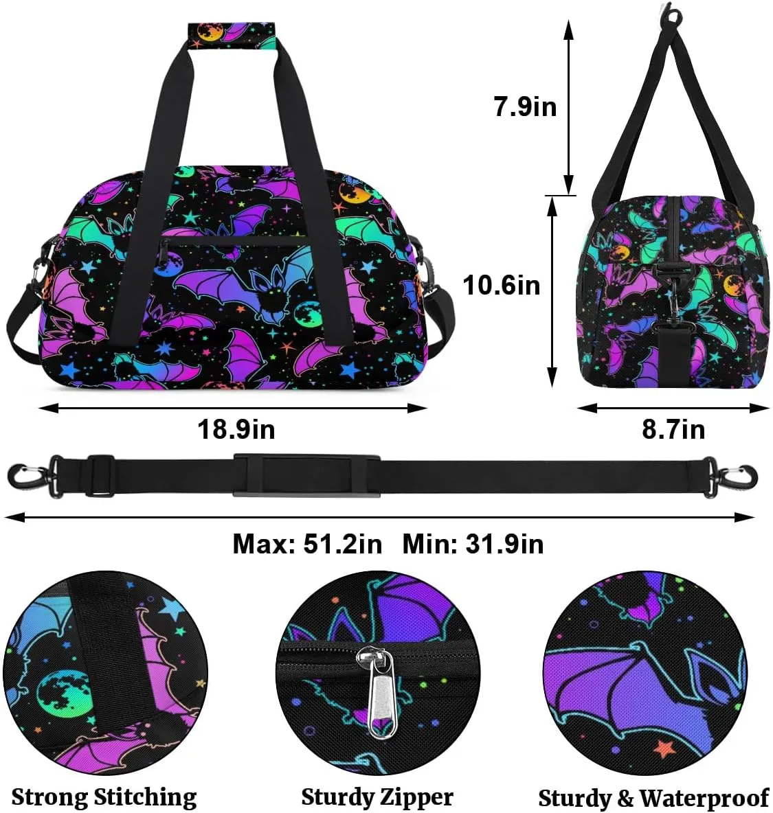 Kids Overnighter Duffel Bags for Boys Girls, Gothic Bat Carry-On Size Sports Gym Bag for School Practice or Overnight Travel Weekender Sleepover Workout Tote Bag