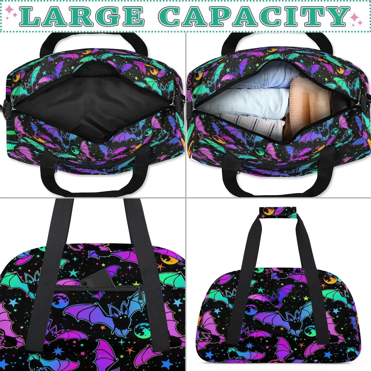 Kids Overnighter Duffel Bags for Boys Girls, Gothic Bat Carry-On Size Sports Gym Bag for School Practice or Overnight Travel Weekender Sleepover Workout Tote Bag