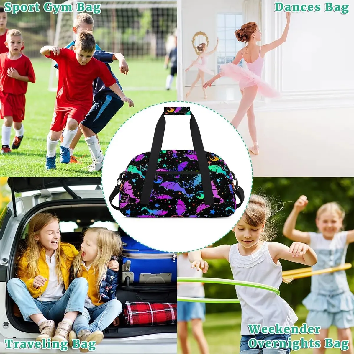 Kids Overnighter Duffel Bags for Boys Girls, Gothic Bat Carry-On Size Sports Gym Bag for School Practice or Overnight Travel Weekender Sleepover Workout Tote Bag