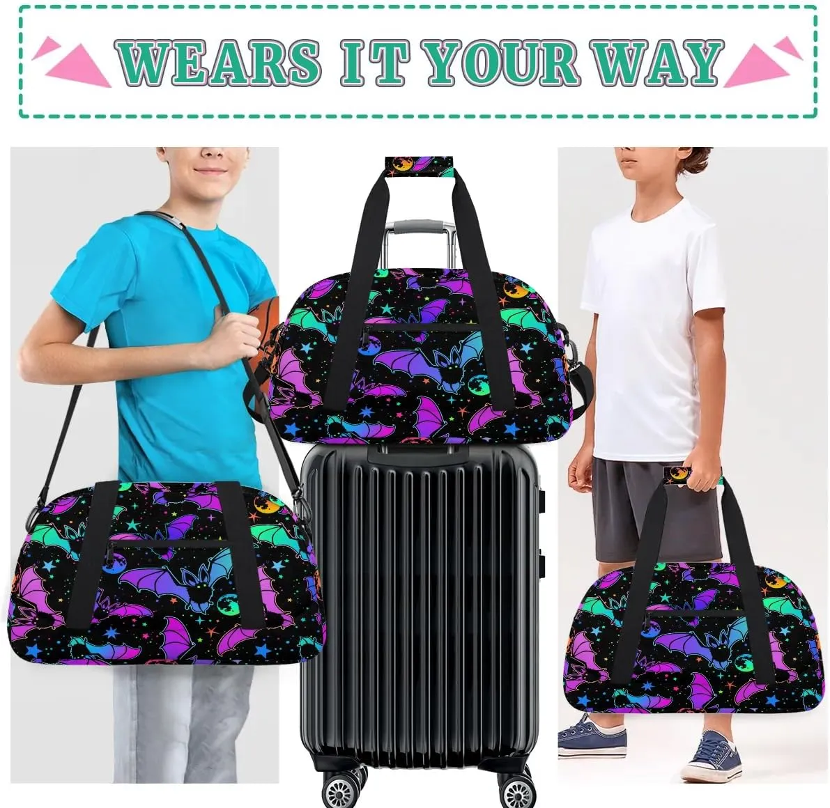 Kids Overnighter Duffel Bags for Boys Girls, Gothic Bat Carry-On Size Sports Gym Bag for School Practice or Overnight Travel Weekender Sleepover Workout Tote Bag