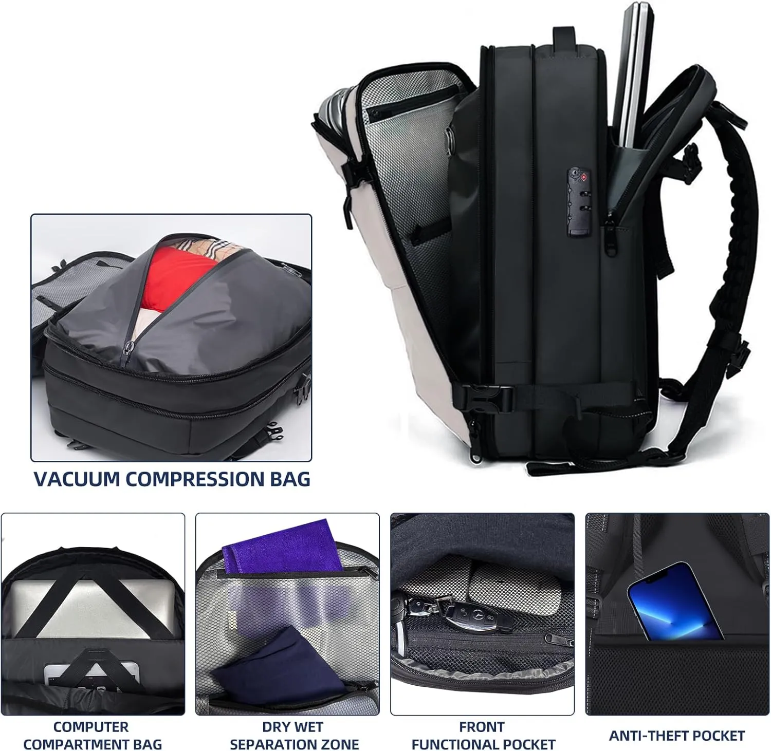 KINGSLONG Vacpack Backpack, 60L Expandable Backpack Vacuum with Pump and TSA Customs Lock, Alepeak Vacuum Backpack Suitable for Travel Business Men Women Water Resistant Beige