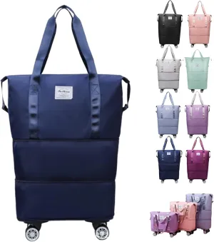 Kulken Travel Bag with Wheels, 2025 New Large Capacity Travel Bag Expandable Foldable, Universal Wheel Removable (Navy blue)