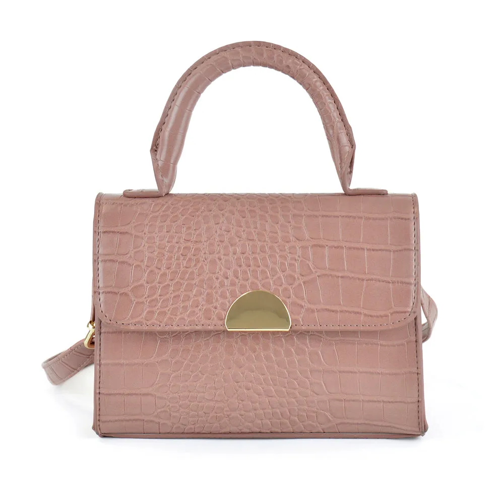 Ladies Mock Croc Cross-Body Grab Handle Handbag