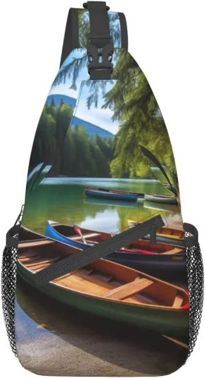 Lake With Boats Canoes Park Print Sling Backpack Travel Sling Bag Casual Chest Bag Hiking Daypack Crossbody Bag For Men Women