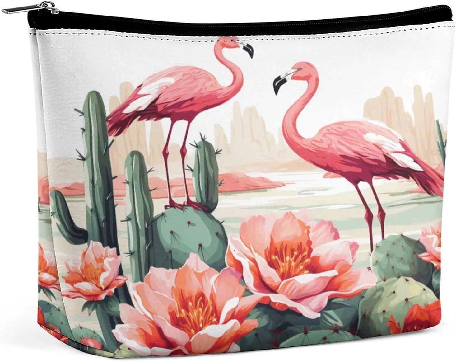 Large Capacity Makeup Bags for Women Portable Leather with Zipper Travelling Makeup Bag Cactus Flamingo Rose Flowers Printed