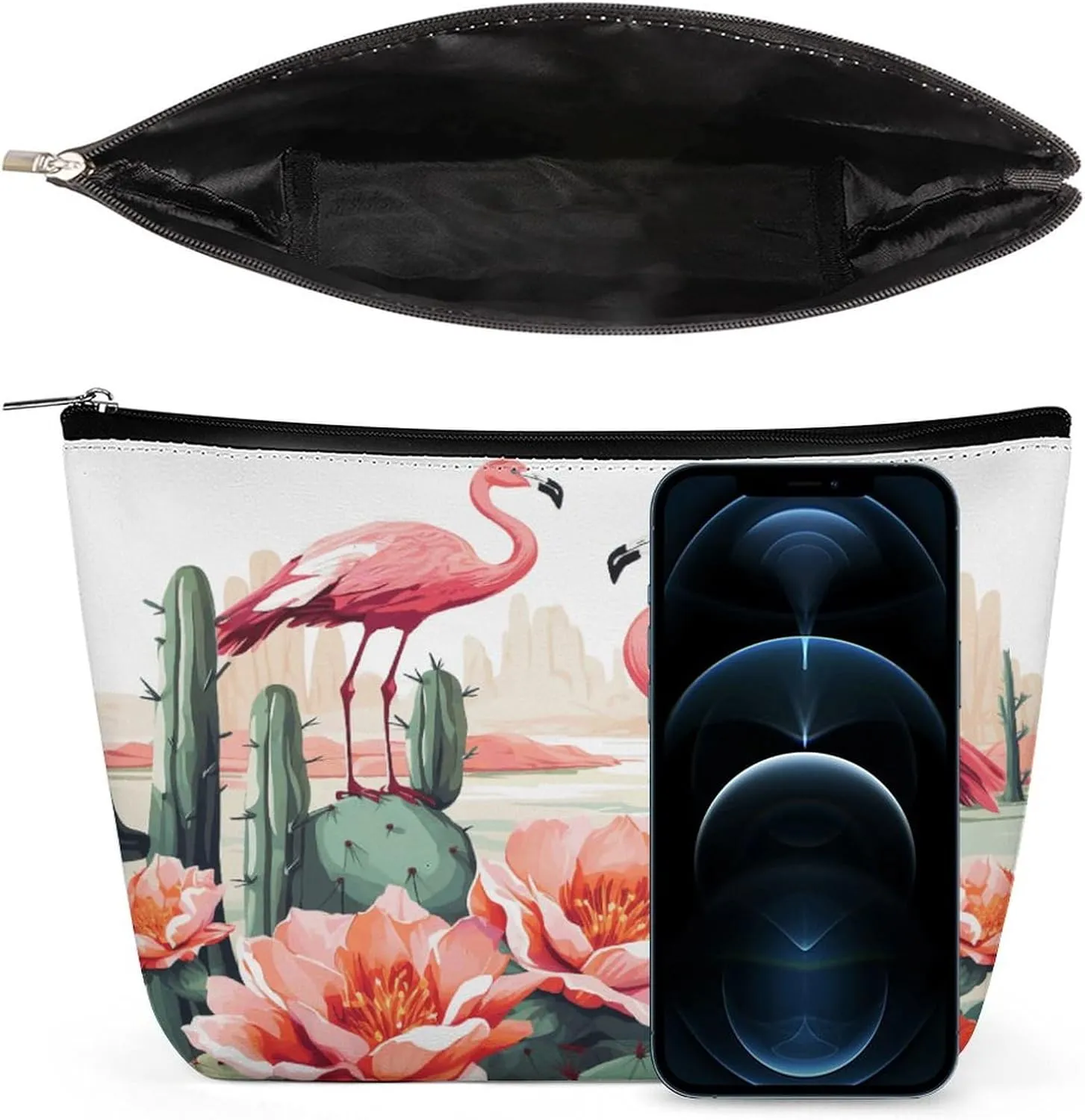 Large Capacity Makeup Bags for Women Portable Leather with Zipper Travelling Makeup Bag Cactus Flamingo Rose Flowers Printed