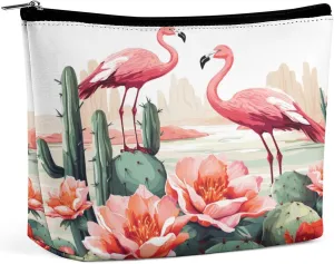 Large Capacity Makeup Bags for Women Portable Leather with Zipper Travelling Makeup Bag Cactus Flamingo Rose Flowers Printed