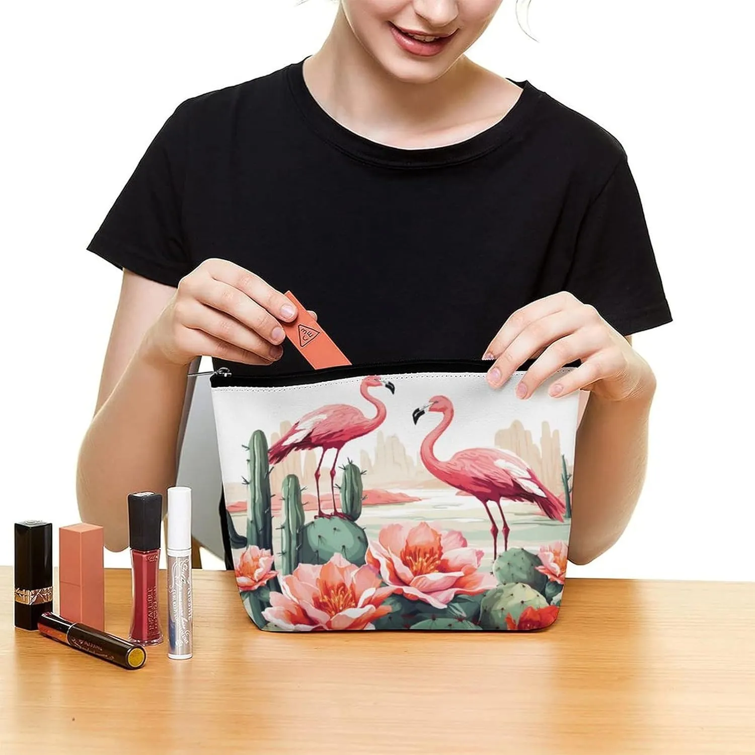 Large Capacity Makeup Bags for Women Portable Leather with Zipper Travelling Makeup Bag Cactus Flamingo Rose Flowers Printed