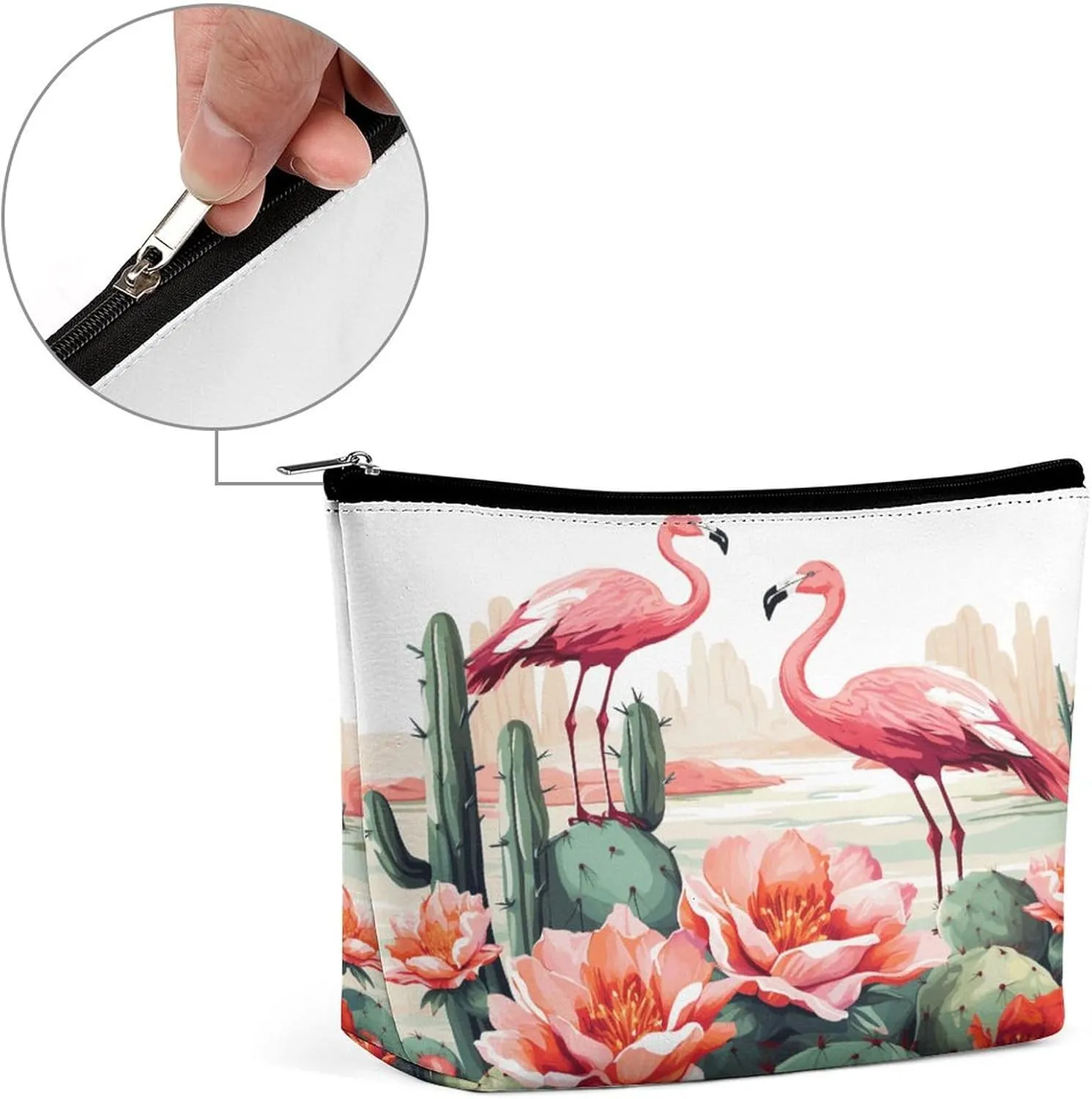 Large Capacity Makeup Bags for Women Portable Leather with Zipper Travelling Makeup Bag Cactus Flamingo Rose Flowers Printed