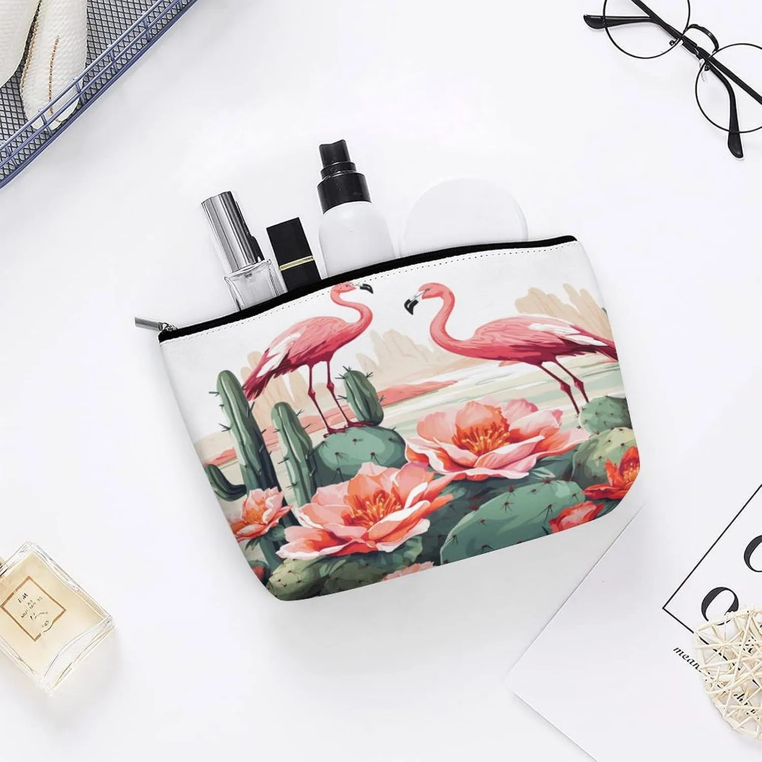 Large Capacity Makeup Bags for Women Portable Leather with Zipper Travelling Makeup Bag Cactus Flamingo Rose Flowers Printed