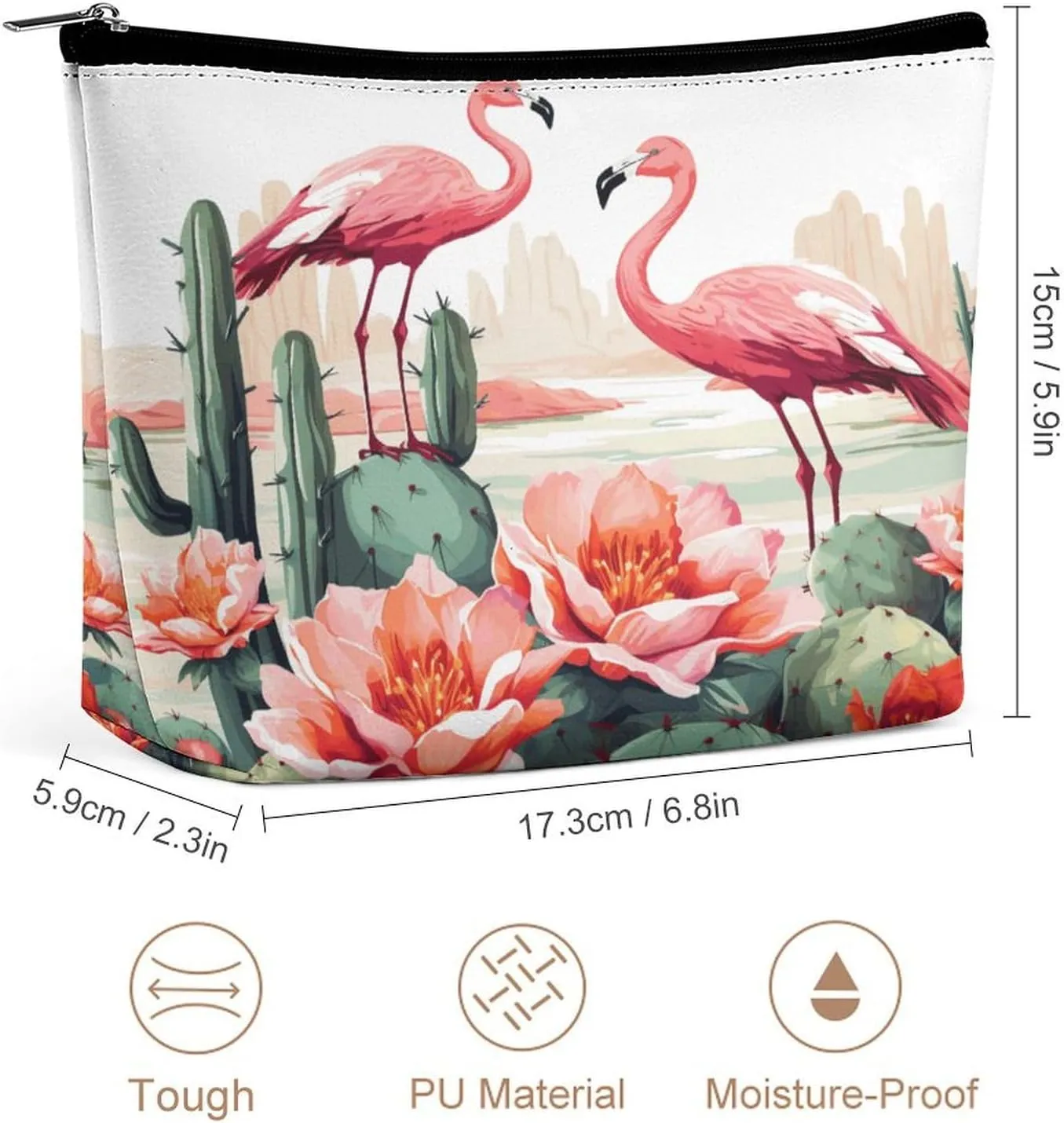 Large Capacity Makeup Bags for Women Portable Leather with Zipper Travelling Makeup Bag Cactus Flamingo Rose Flowers Printed