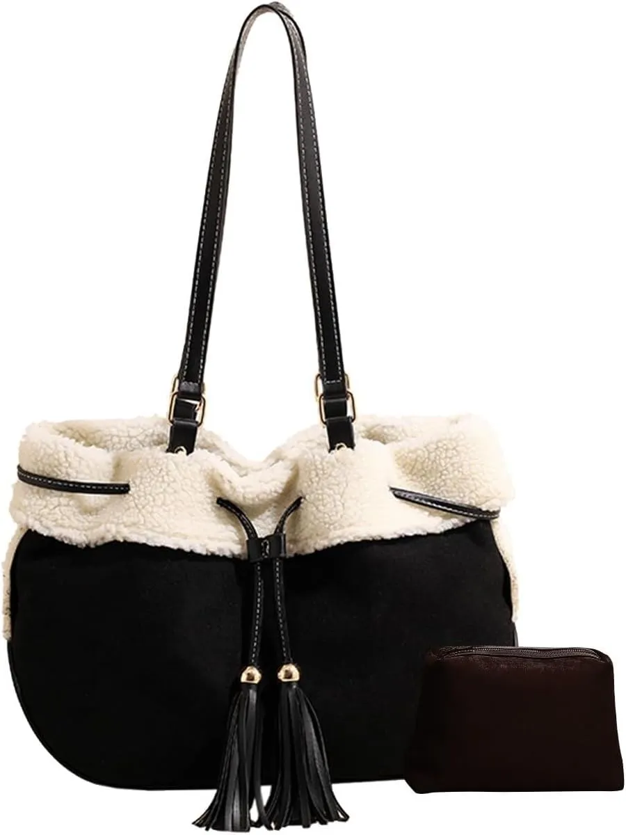 Large Capacity Tote Vintage Soft Plush Top Handle Drawstring Bucket Suede Shoulder for Women Handbag with Lamb Wool
