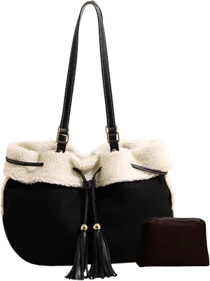 Large Capacity Tote Vintage Soft Plush Top Handle Drawstring Bucket Suede Shoulder for Women Handbag with Lamb Wool