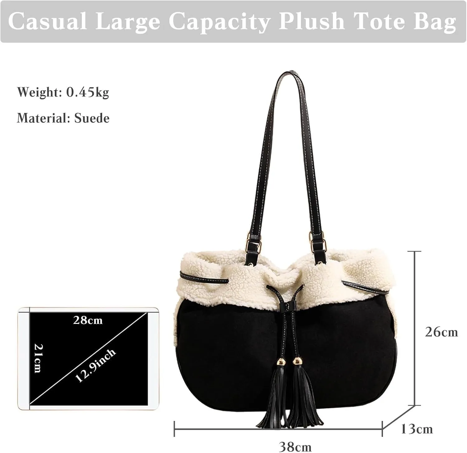 Large Capacity Tote Vintage Soft Plush Top Handle Drawstring Bucket Suede Shoulder for Women Handbag with Lamb Wool