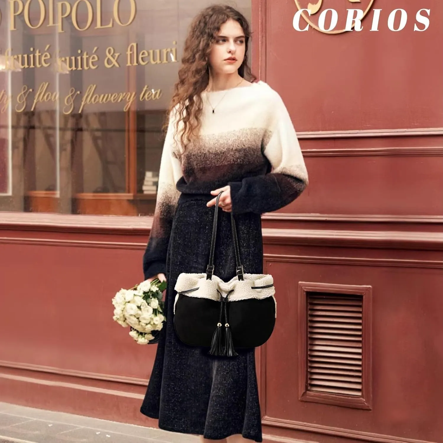 Large Capacity Tote Vintage Soft Plush Top Handle Drawstring Bucket Suede Shoulder for Women Handbag with Lamb Wool
