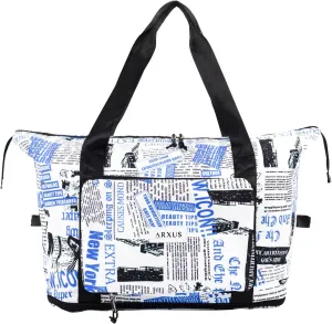 Large Folding Travel Duffle Bag, Expandable Waterproof Gym Weekend Carry On Overnight Tote Bag for Women, Newspaper
