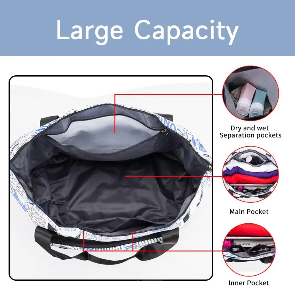 Large Folding Travel Duffle Bag, Expandable Waterproof Gym Weekend Carry On Overnight Tote Bag for Women, Newspaper