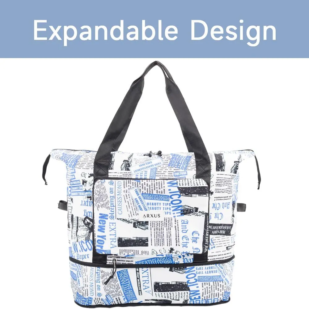 Large Folding Travel Duffle Bag, Expandable Waterproof Gym Weekend Carry On Overnight Tote Bag for Women, Newspaper