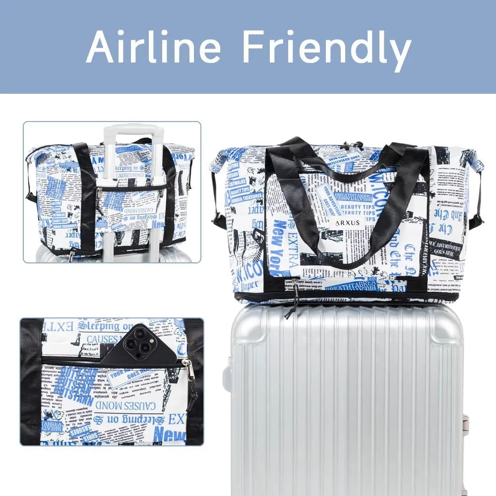 Large Folding Travel Duffle Bag, Expandable Waterproof Gym Weekend Carry On Overnight Tote Bag for Women, Newspaper