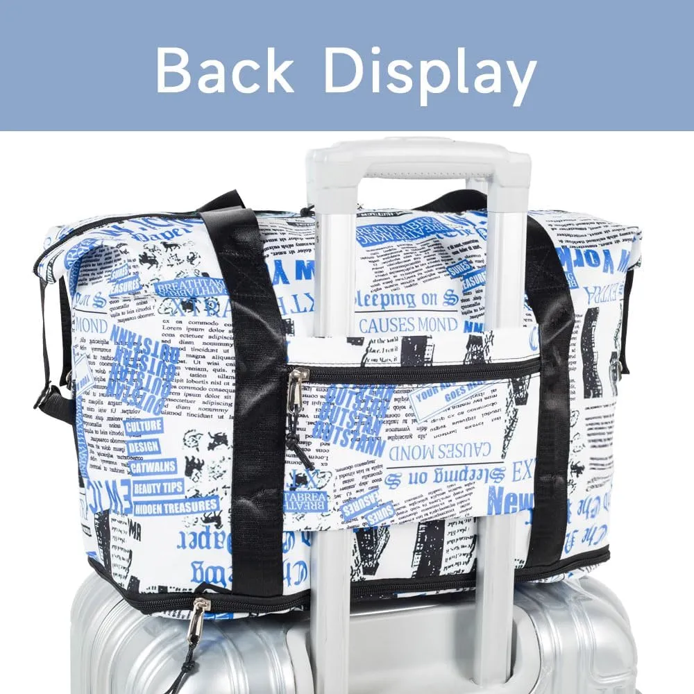 Large Folding Travel Duffle Bag, Expandable Waterproof Gym Weekend Carry On Overnight Tote Bag for Women, Newspaper