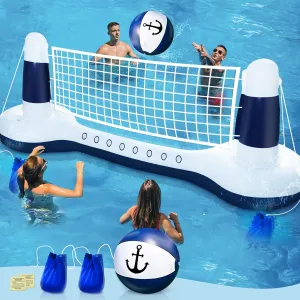 Large Inflatable Pool Volleyball Net Pool Float Set with 9" Anchor Ball, 2 Weight Bags & Yacht Design – Floating Swimming Game Toy for Adults & Kids, Perfect for Summer Water Sport Pool Party