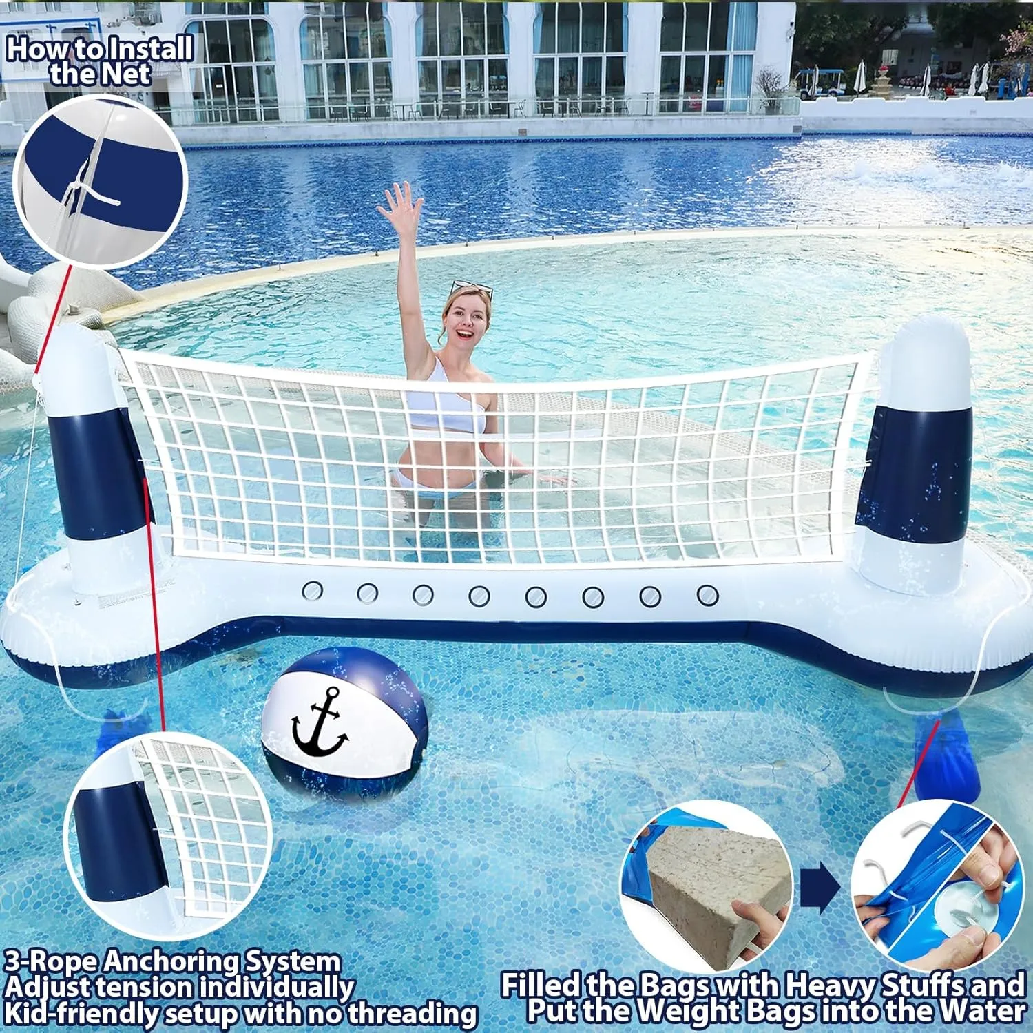 Large Inflatable Pool Volleyball Net Pool Float Set with 9" Anchor Ball, 2 Weight Bags & Yacht Design – Floating Swimming Game Toy for Adults & Kids, Perfect for Summer Water Sport Pool Party
