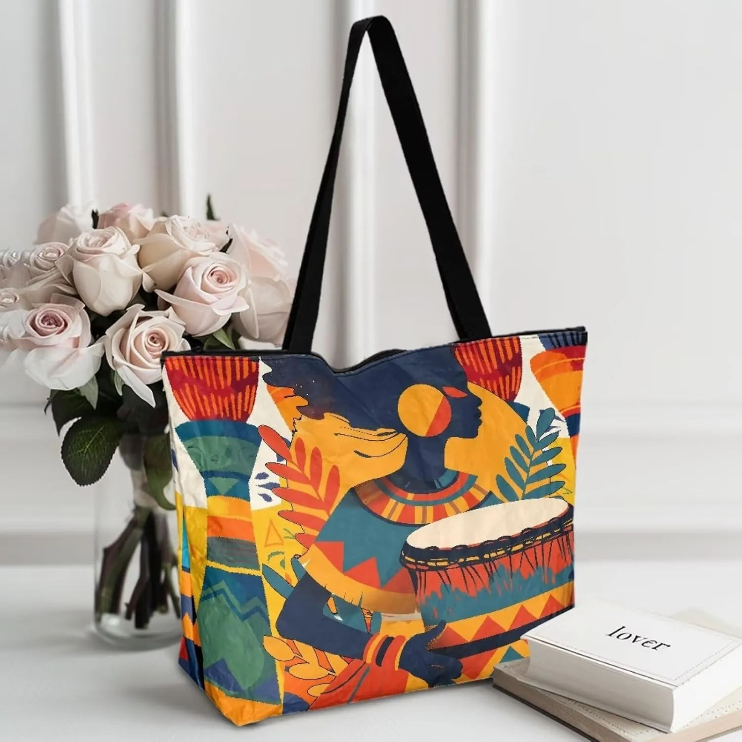 Large Tote Bag for Women African Style Zipper Work Tote Handbag, Ethnic Style Shoulder Bag for Travel,School