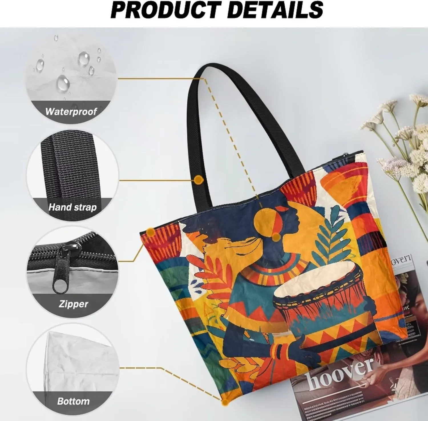 Large Tote Bag for Women African Style Zipper Work Tote Handbag, Ethnic Style Shoulder Bag for Travel,School